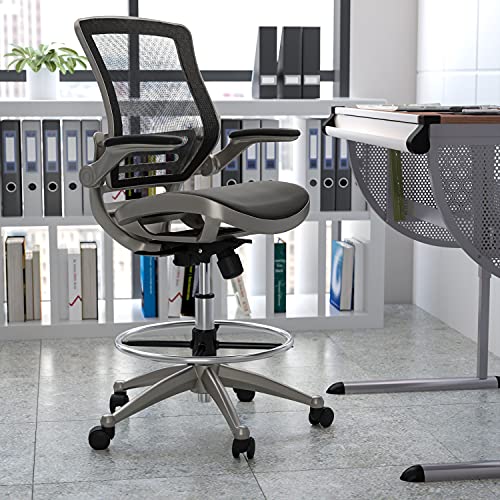 EMMA + OLIVER Black Mid-Back Mesh Drafting Chair with Graphite Frame and Flip-Up Arms | The Storepaperoomates Retail Market - Fast Affordable Shopping