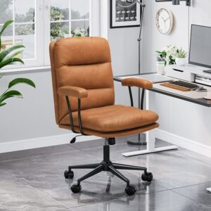 DICTAC Leather Office Chair Brown Desk Chair Mid Century Office Chair with Arms, Adjustable Back 40°, Capacity 400lbs