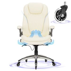 High Back Executive Office Chair – Ergonomic Computer Desk Chair with Padded Flip-up Arms, Thick Bonded Soft Leather Chair, Modern Office Chair with Upgraded Casters for Swivel Rolling (Ivory, 300lbs)