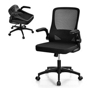 COSTWAY Ergonomic Office Chair with Foldable Backrest, Mid Back Mesh Office Chair w/Flip up Armrest, Swivel Rolling Executive Task Chair w/Lumbar Support, Ideal for Office, Meeting Room