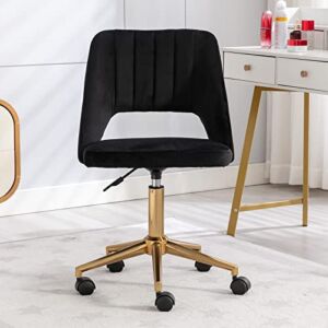 Guyou Upholstered Home Office Desk Chair Hollow Out Back, Cute Armless Vanity Stool Adjustable Swivel Study Desk Chair with Brass Base, Black