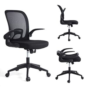 Ergonomic Office Chair Desk Chairs with Wheels and Arms, Breathable Mesh Computer Desk Chair with Lumbar Support, Flip-Up Arms/Foldable Backrest/Adjustable Height/Mid Back Task Chair (Black)