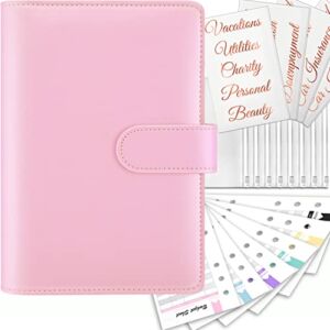 Sooez [Pastel Collection] Money Organizer for Cash, A6 Leather Budget Binder with Zipper Envelopes, 43 Large Rose Gold Sticky Labels & Extra Thick Expense Sheets, Money Saving Binder for Budgeting