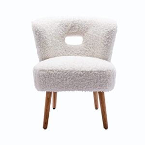 ODC Faux Fur Vanity Desk Chair, ModernCute Fluffy Upholstered Padded Seat with Open Back & Wooden Legs Armless Furniture for Living Room/Bathroom/Makeup/Home Office/Teen Girls Bedroom, White