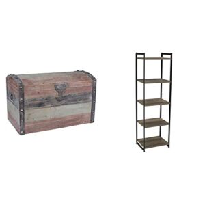 Household Essentials Stripped Weathered Wooden Storage Trunk, Large & 5 Tier Storage Tower Metal, Grey Shelf – Black Frame, Ashwood