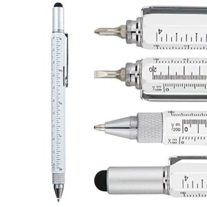 HeTaoCat Metal Multi tool Pen 6-in-1 Stylus Pen – With Screwdriver, Phillips Screwdriver, Flathead Bit Slotted Screwdriver, Ballpoint Pen Black ink, Stylus pen, Bubble Level and Ruler (White)