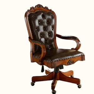 WYJZALLL American Boss Chair Solid Wood Carved Swivel Chair Leather Computer Chair Office Chair Can Lift and Rotate Home Office Desk Chair