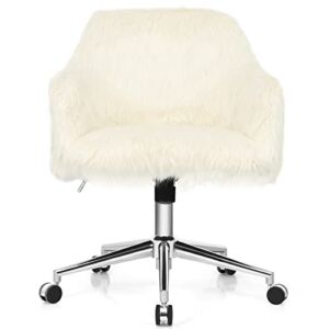 COSTWAY Faux Fur Desk Chair, Fluffy Upholstered Swivel Accent Vanity Chair for Makeup with Adjustable Height, Arm Rest, Rolling Leisure Task Chair on Wheels for Home Office, Beige