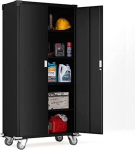 Tall Metal Storage Cabinet with Wheels, Rolling Steel Storage Locker with 4 Adjustable Shelves and Locking Doors 72″ Lockable Metal Cabinets for Home Office, Garage, Pantry, Easy Assambly (Black A)