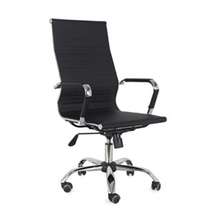 Comfty Mid Back and Chrome Base Ribbed Leather Swivel Office Chair, 40.55”-43.7”, Black