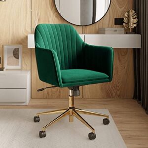 BELLEZE Modern Upholstered Velvet Desk Chair with Swivel Wheels and Adjustable Height, Decorative Rolling Office or Vanity Armchair, Stylish Comfy – Alayah (Green – Gold)