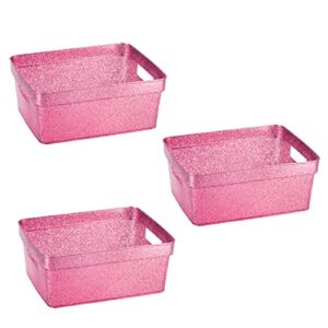 Simplify 3 Pack Small Glitter Tote Bin | Home Storage Basket | Bathroom and Office Organization | Multipurpose | Lightweight | Carrying Handles | Pink