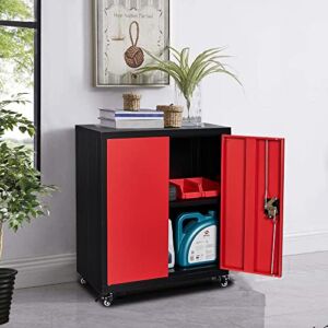 LUCYPAL Metal Storage Cabinets with Locking Doors and Adjustable Shelf,Lockable Steel Cabinet with Wheels,Office Cabinet for Home,Office,Garage,Red
