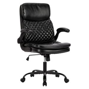 COLAMY Office Desk Chair with Padded Flip-up Armrest, Adjustable Height Bonded Leather Swivel Rolling Metal Base for Home Office Conference Room, Black Diamond Pattern