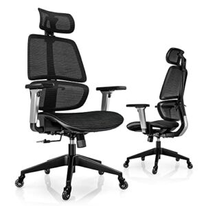 LINSY HOME Ergonomic Office Chair, Swivel Ergonomic Task Chair with Adjustable Headrest and Arms, Lumbar Support and PU Wheels, Computer Mesh Chair for Home Office,Dark