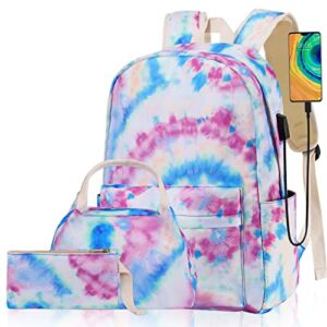 Woosir Girls Backpack for School Backpacks Tie Dye Kids Bookbags School Bags with USB Charger Port Back to School Backpack Gift School Supplies for Kids Teen Girls Elementary with Lunch Box