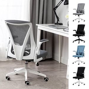 Computer Desk Chair, Ergonomic Desk Chair with Adjustable Height, Executive Office Chair Swivel Computer Mesh Chair with Lumbar Support and Flip-up Arms, Backrest with Breathable Mesh,White+Grey