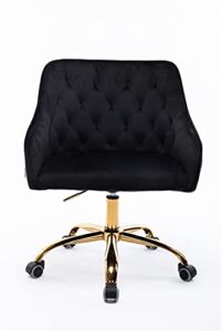 HomVent Velvet Leisure Chair, Modern Design Upholstered Swivel Chair, Velvet Desk Chair Leisure Arm Chair Adjustable Swivel Task Stool for Living Room/Bedroom/Office (Black＆Gold Leg)