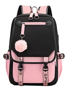 JiaYou Teenage Girls’ Backpack Middle School Students Bookbag Outdoor Daypack with USB Charge Port (21 Liters, Black Pink)