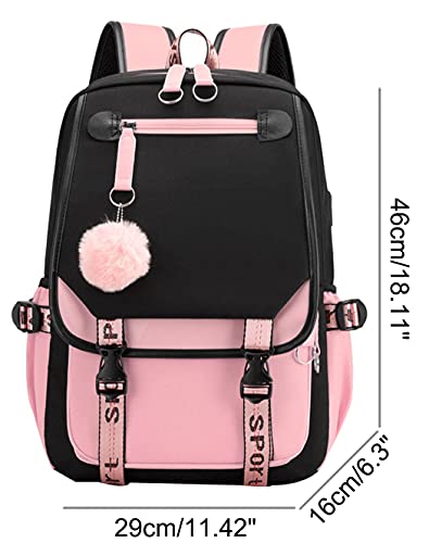 JiaYou Teenage Girls’ Backpack Middle School Students Bookbag Outdoor Daypack with USB Charge Port (21 Liters, Black Pink) | The Storepaperoomates Retail Market - Fast Affordable Shopping