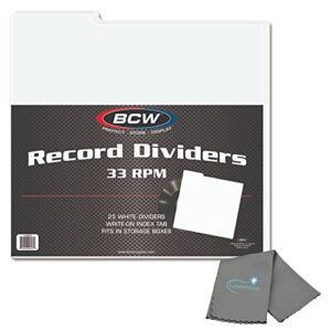 BCW 33 RPM Record Dividers for Vinyl Records Albums and Vinyl Record Storage, 12″ Vinyl Record Dividers with Write On Tab Dividers, 25 Pack with a Lumintrail Cleaning Cloth