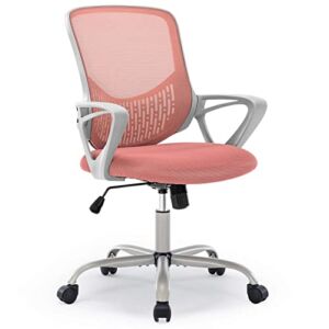 Home Office Chair – Ergonomic Computer Chair with Height Adjustable Swivel Chair Mesh Chair with Fixed Armrests and Soft Lumbar Support, Pink