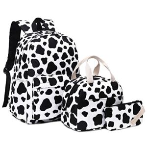Cow Print School Backpack for Teen Girls, 3-in-1 Kids Backpack Bookbag Set School Bags with Lunch Box Pencil Case