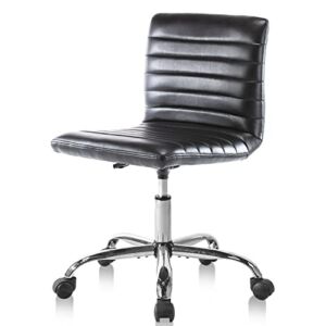 Home Office Desk Chair, Modern Adjustable Low Back Rolling Chair Striped PU Leather Padded Chair Armless Cute Chair with Wheels for Bedroom, Classroom, and Vanity Room (Black)