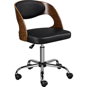 Yaheetech Office Chair Chrome Desk Chair Walnut Wood Finish Computer Chair Bent Wooden Office Desk Chair Height Adjustable 360° Swivel Draft Chair with Leather Seat, Black