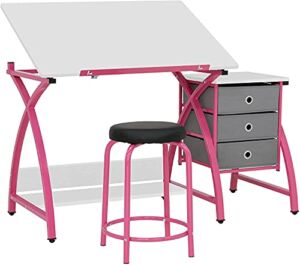 Offex 2 Piece Venus Craft Table with Angle Adjustable Top and 20.5″ H Matching Padded Stool, Pink/White – Great for Home, Office, Kids Room and More