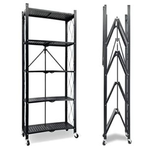 ALANNG 5 Tier Storage Shelves Heavy Duty on Wheels, Foldable Metal Shelving Units 11.1″ D x 24.2″ W x 59″ H for Garage Kitchen Bakers, No Assembly Organizer Rack Black