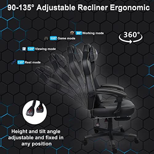 HEADMALL Gaming Chairs for Adults, Adjustable Height Video Gamer Chair with Footrest, Computer Office Ergonomic Chair Lumbar Support, 350lbs Weight Capacity (Black&Gray) | The Storepaperoomates Retail Market - Fast Affordable Shopping