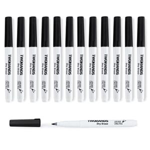 TWOHANDS Dry Erase Markers Ultra Fine Tip,0.7mm,Low Odor,Extra Fine Point,Black,Whiteboard Markers for kids,School,Office,Home,or Planning Whiteboard,12 Count,20536
