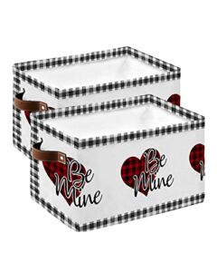 Rustic Love Plaid Cube Storage Organizer Bins with Handles,15x11x9.5 Inch Collapsible Canvas Cloth Fabric Storage Basket,Valentine’s Romantic Saint Heart Black White Plaid Books Toys Boxes for Shelves