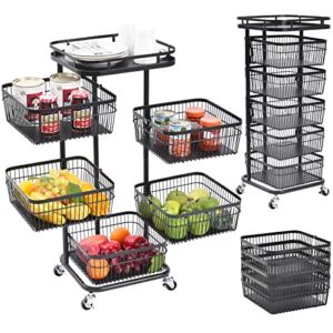 EZPEAKS 6-Tier Black Steel Kitchen Storage Tower Rounded Square Basket Shelves Organizer on Rolling Wheels with Detachable Drawers for Fruit Vegetable Grocery Spice (34.18” H, 13.39” W, 13.39” L)