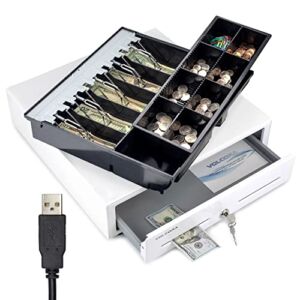 USB Cash Register Drawer 16″, POS and Windows PC Trigger, 5 Bill/8 Coin, Removable Cash Tray, White, Not for Square