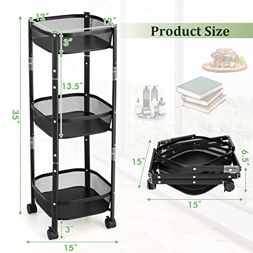 PETSITE Folding Storage Cart, 3-Tier Metal Square Utility Rolling Cart Kitchen Storage Organizer, Mobile Shelving Unit Cart with Wheels for Bathroom, Laundry, Living Room, Black | The Storepaperoomates Retail Market - Fast Affordable Shopping