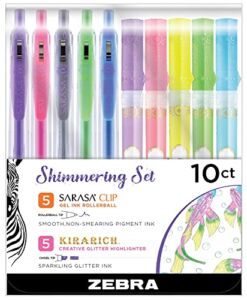 Zebra Pen Shimmering Starter Set, Includes 5 Kirarich Highlighters and 5 Sarasa Clip Retractable Gel Pens, Assorted Ink Colors, 10-Pack