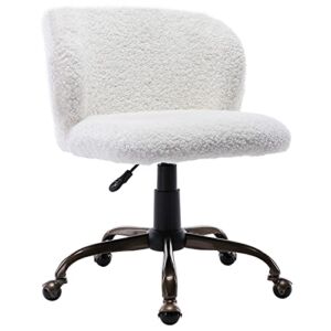 HEAH-YO Modern White Computer Task Desk Chair with Wheels, Swivel Adjustable Vanity Chair Faux Fur Armless Office Chair for Teens Dorm Room Office