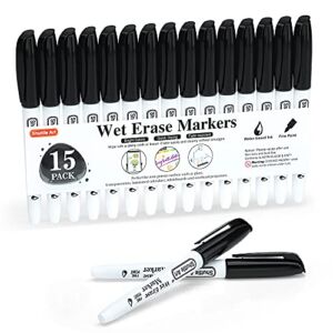 Wet Erase Markers, Shuttle Art 15 Pack Black 1mm Fine Tip Smudge-Free Markers, Use on Laminated Calendars,Overhead Projectors,Schedules,Whiteboards,Transparencies,Glass,Wipe with Water