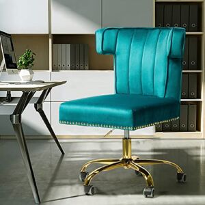 HULALA HOME Velvet Office Chair with Wingback and Decorative Nailhead, Adjustable Swivel Modern Armless Desk Chair, Cute Vanity Chair for Women (Gold Base, Teal)