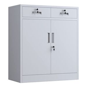 JINGUR Metal Storage Cabinet with Locking Doors and 2 Drawers, Lockable Storage Cabinets with Adjustable Shelf for Home Office and Garage (White)