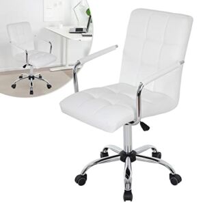 Home Desk Chair Ergonomic Computer Chair Vanity Chair Modern PU Leather Office Chair Adjustable Swivel Chair Computer Executive Chair Mid-Back Student Desk Chair for Teen Girl, White