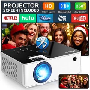 Native 1080P Bluetooth Projector – BIGASUO 250″ Outdoor Movie Projector with Screen, Full HD Portable Home Theater Video Projector Compatible with HDMI, VGA, USB, Laptop, iOS and Android Smartphones