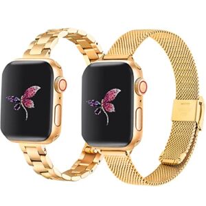 Camofit Compatible with Apple Watch Band 38mm 40mm 41mm, 2 Pack Slim Metal Solid Stainless Steel Watchband + Mesh Strap for iWatch Series 8/7/6/5/4/3/2/1 SE Ultra (38mm/40mm/41mm, Gold)