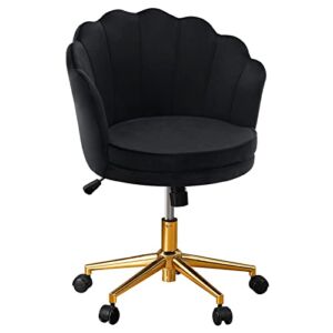 Furniliving Velvet Swivel Home Office Task Chair, 360°Swivel Shell Chair Modern Mid-Back Vanity Chair with Gold Metal Base for Home Office, Living Room, Bedroom (Black)