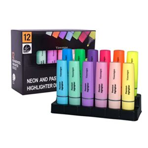 YIZOCENGUO Highlighters Assorted Colors, 12 Highlighters with Base, Neon and Pastel, Chisel Tip Marker Pen, for Adults Kids Students, Office School Supplies