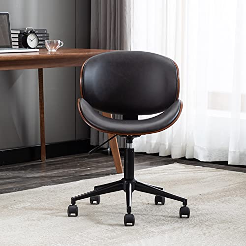 Goujxcy Ergonomic Desk Chair Modern Mid-Century Office Chair with Curved Bent Wood Seat/Back, 360° Swivel Rolling Computer Chair with Faux Leather Seat | The Storepaperoomates Retail Market - Fast Affordable Shopping