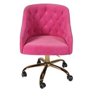 LYNSLIM Velvet Chair – 360° Swivel Height Adjustable Home Office Chair for Living Room Bedroom Modern Mid-Back Tufted Vanity Chair, Gold Star Base& Large Sitting Depth Chair (Rose)