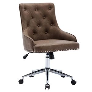 Dolonm Desk Chair Accent Swivel Office Chair with Wheels Upholstered Vanity Task Chair Mid-Back Height Adjustable Modern Tufted Rolling Chair for Home Office Bedroom Living Room (Brown-PU Leather)